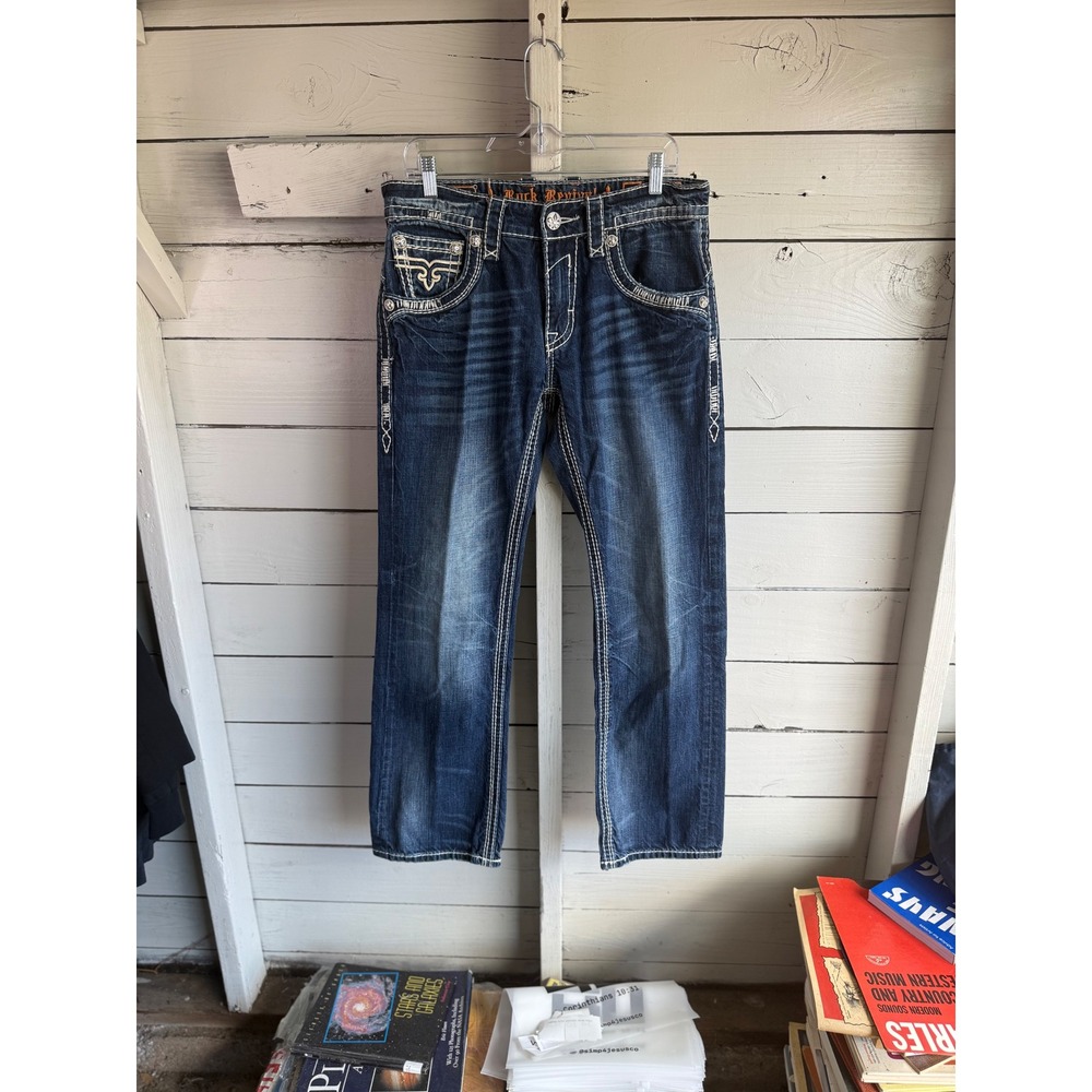 Rock Revival Mens Straight Leg Jeans Dark Wash Contrast Stitch Fleur De Lis 31